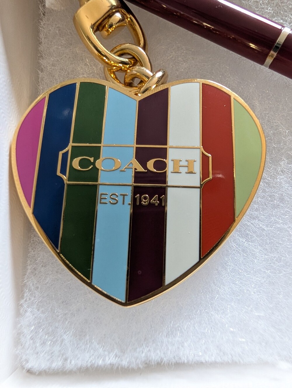 Coach Legacy Stripe Heart Pill Box Bag Charm Keychain Gold NIB